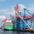 Cranes and container ships at Terminal Burchardkai in Hamburg port on a clear day.